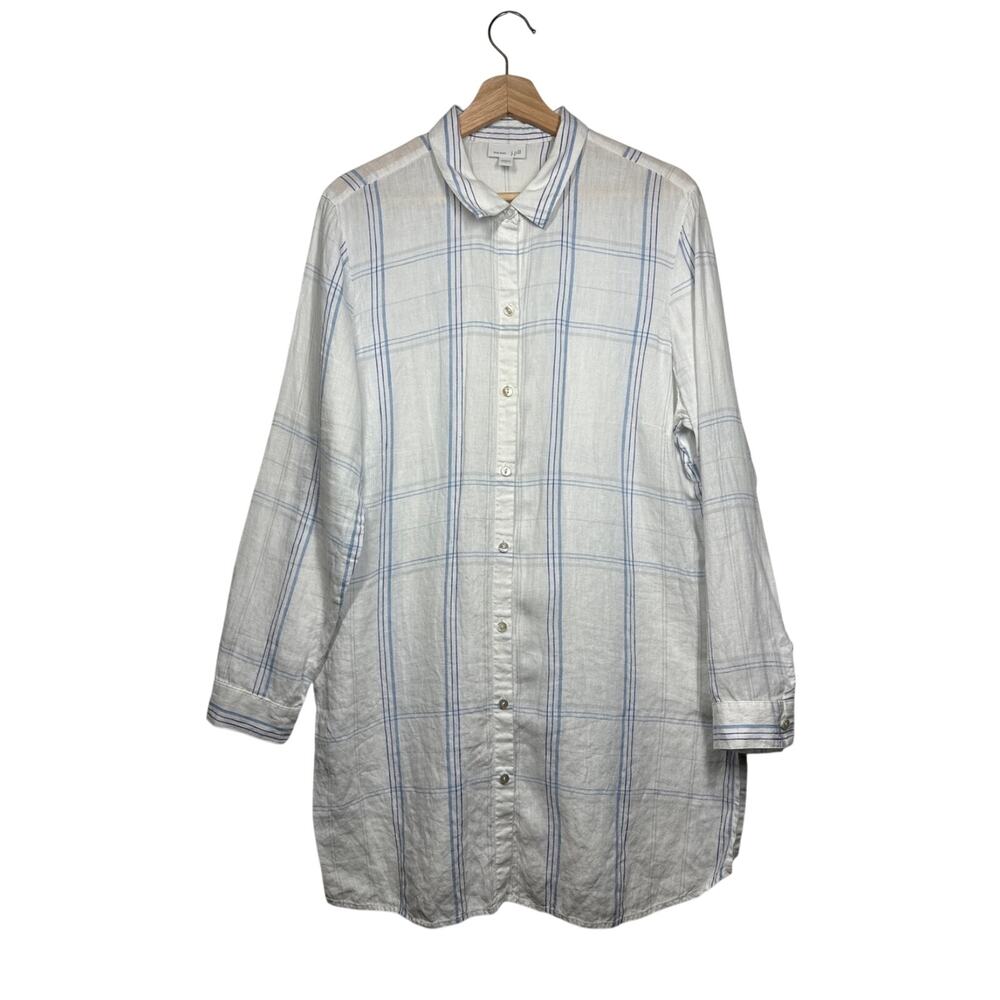 J. Jill Love Linen Tunic Blue White Plaid Windowpane Button Up Collared Top Sz L